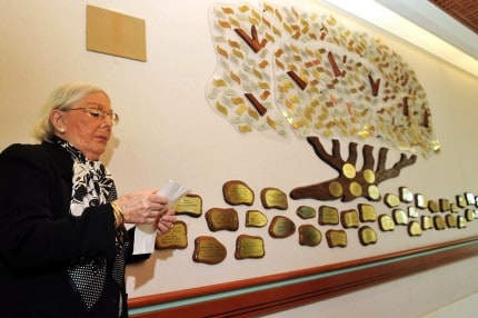 Woman Reading Paper in Front of Tree of Life